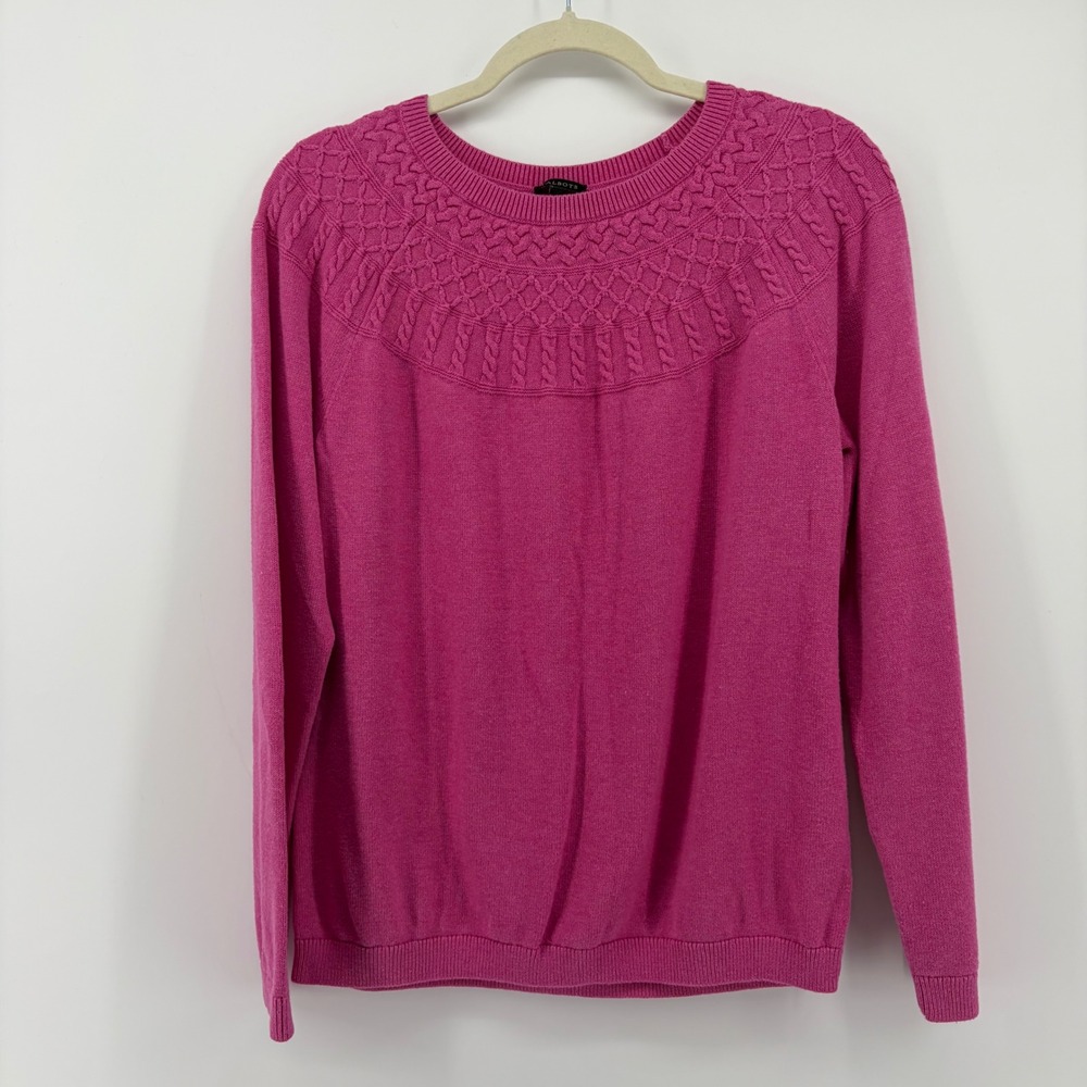 Talbots Womens Large Pink Sweater Cotton Cashmere Blend Cable Knit Yoke Pullover